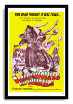 Werewolves on Wheels framed wall art print presents a werewolf on a motorcycle with a woman and skull in a black frame.