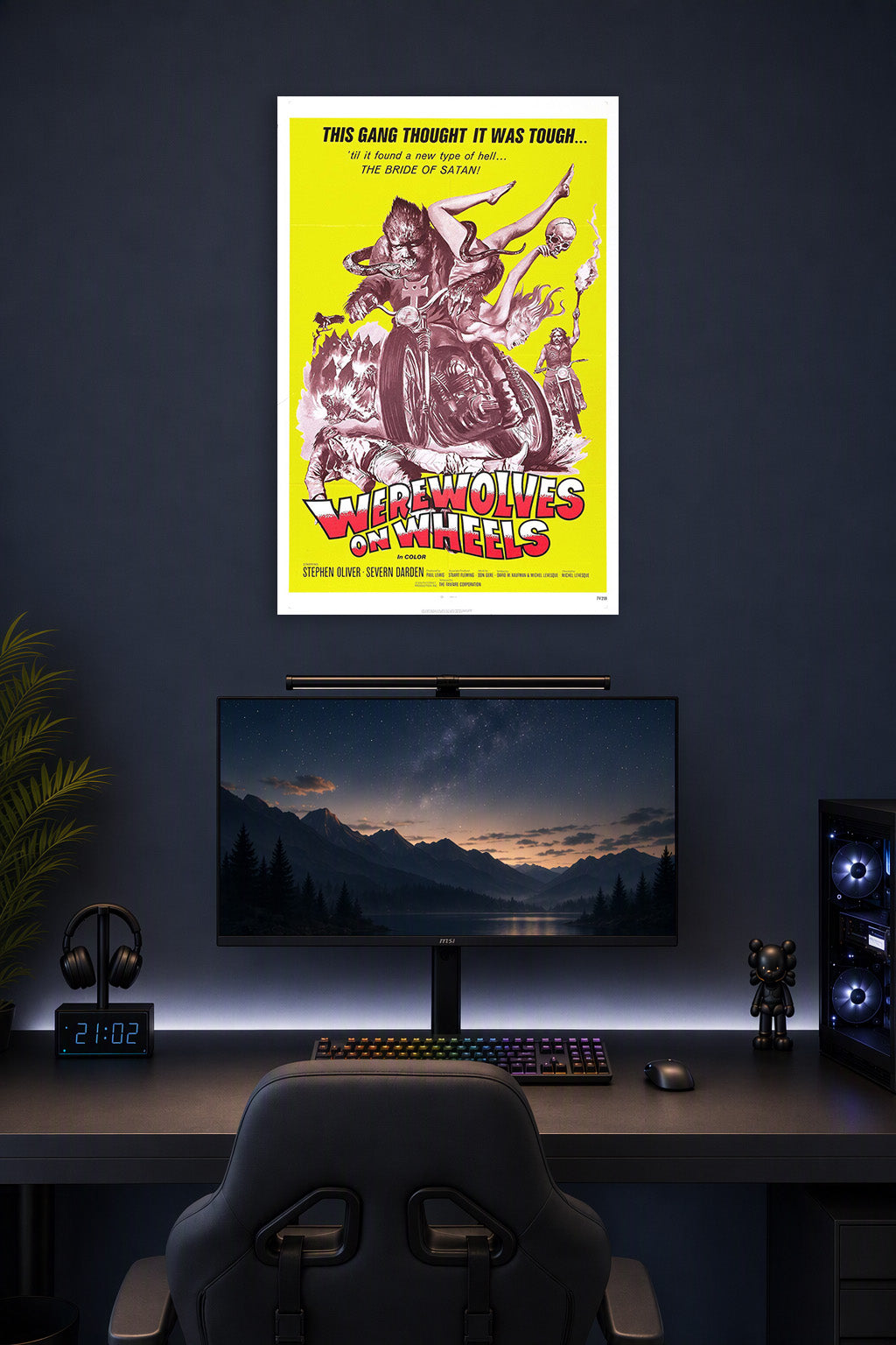 Werewolves on Wheels in a gaming desk setup above a monitor.