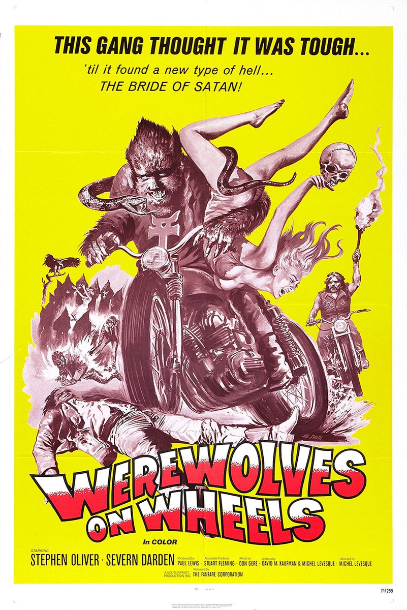 Werewolves on Wheels poster features a snarling werewolf riding a motorcycle with a woman, skull, flames, and yellow backdrop.