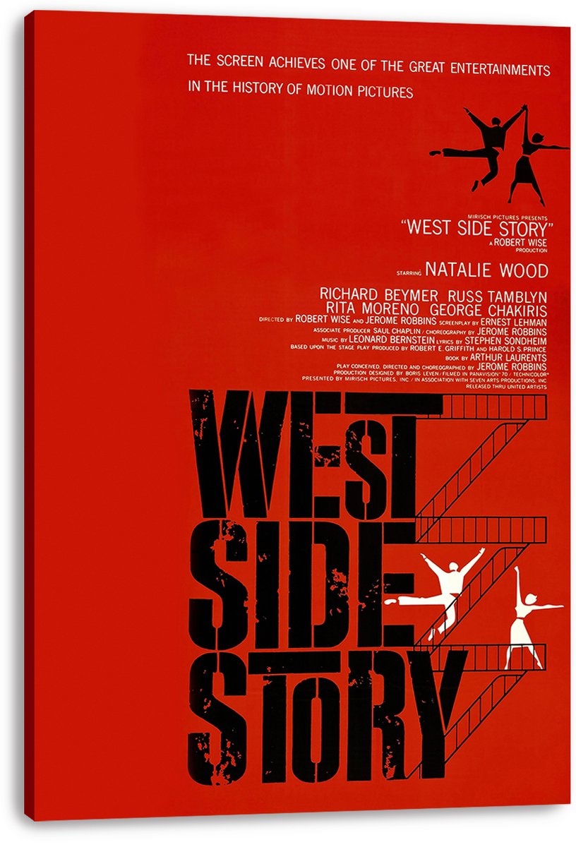 West Side Story canvas wall art print displayed at an angle, with red backdrop, black typography, fire escapes, and dancers.