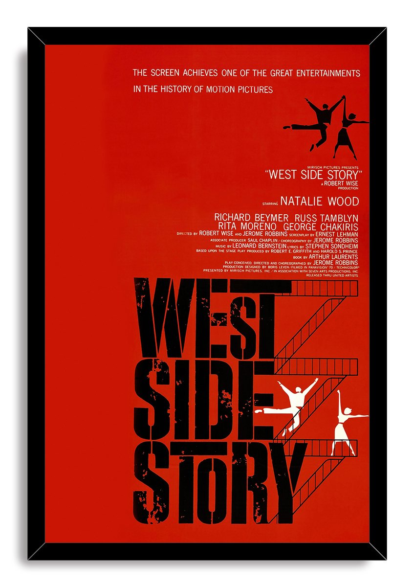West Side Story framed wall art print with a black border, red background, towering title text, fire escapes, and dancers.