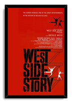 West Side Story framed wall art print with a black border, red background, towering title text, fire escapes, and dancers.