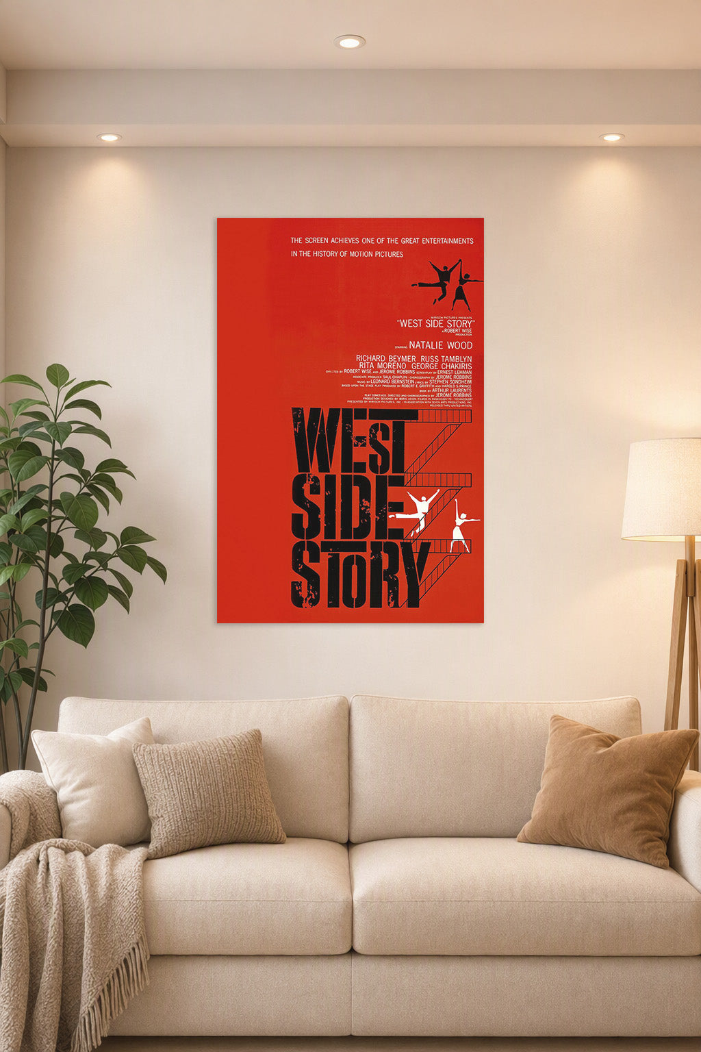 West Side Story Movie Poster in a bright living room above a beige sofa.