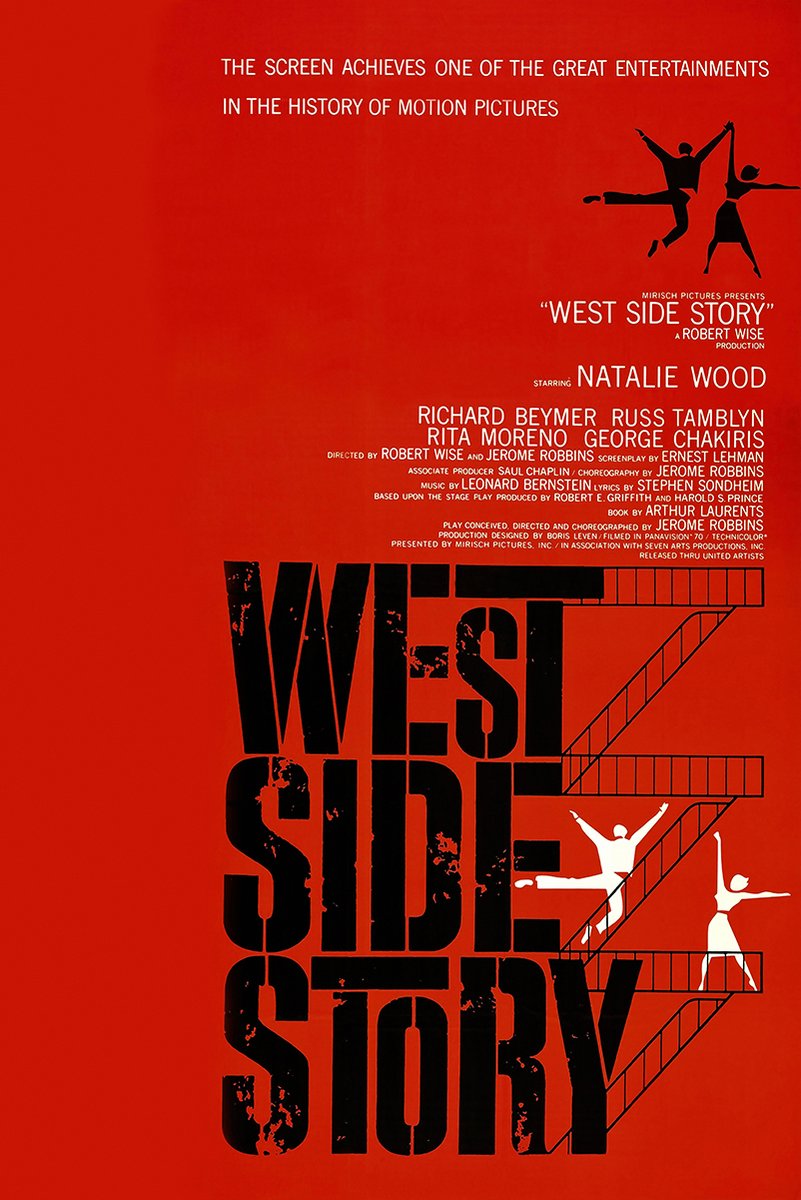 West Side Story poster with a bold red field, distressed black title lettering, fire escapes, and dancing silhouettes.