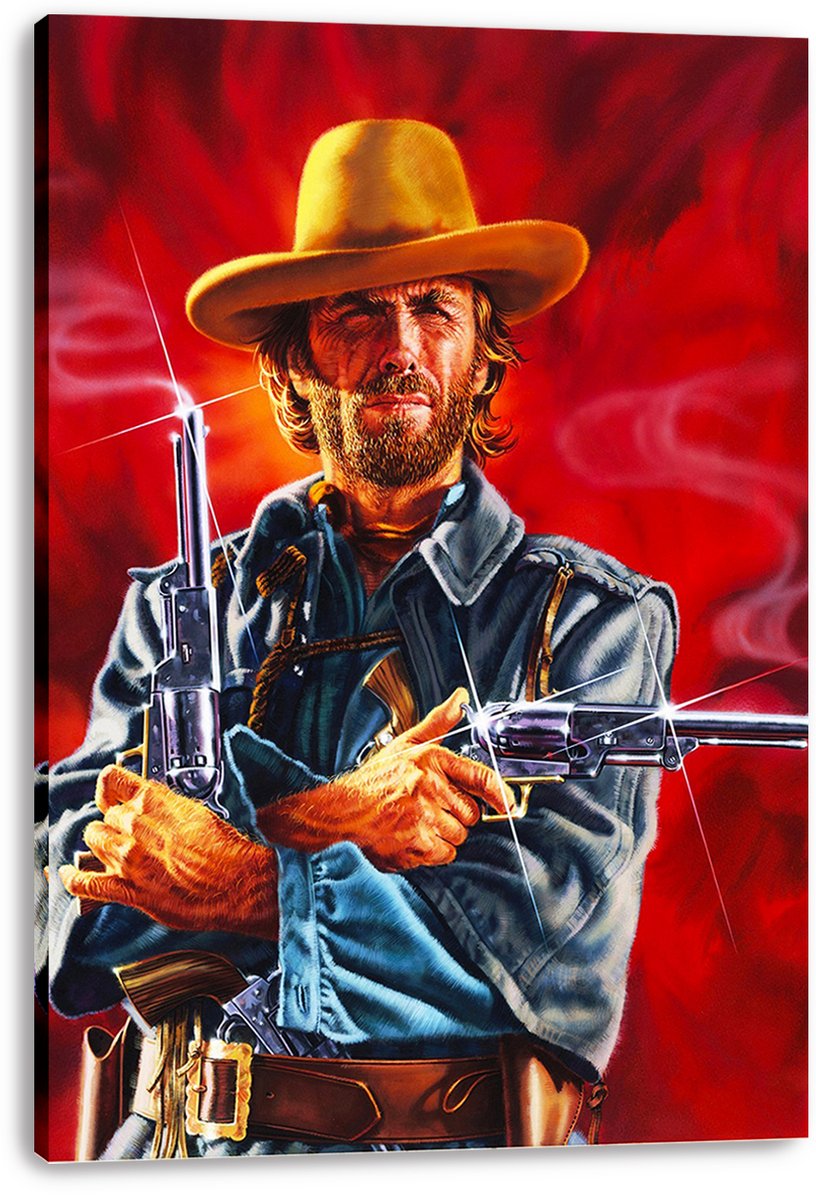 Western gunslinger canvas wall art portrays a bearded cowboy in a yellow hat with two gleaming revolvers on a swirling red backdrop.