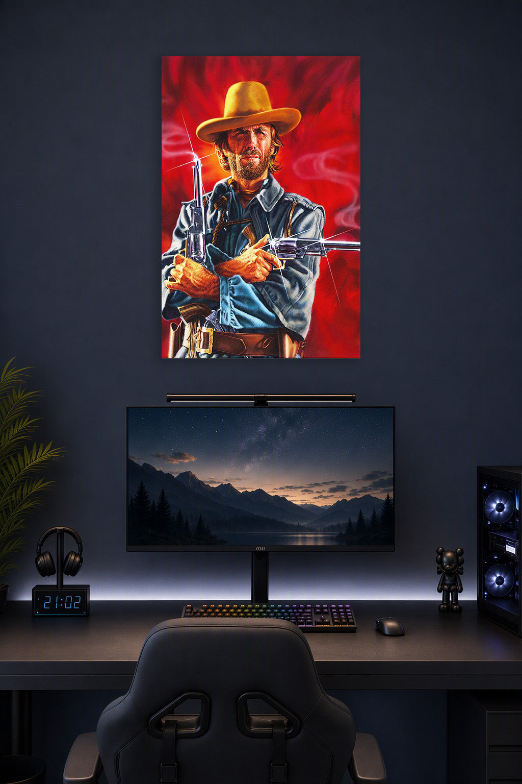 Western Gunslinger in a gaming desk setup above a monitor.