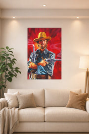 Western Gunslinger in a bright living room above a beige sofa.