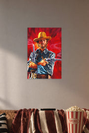 Western Gunslinger in a cozy movie room above a brown sofa with popcorn.