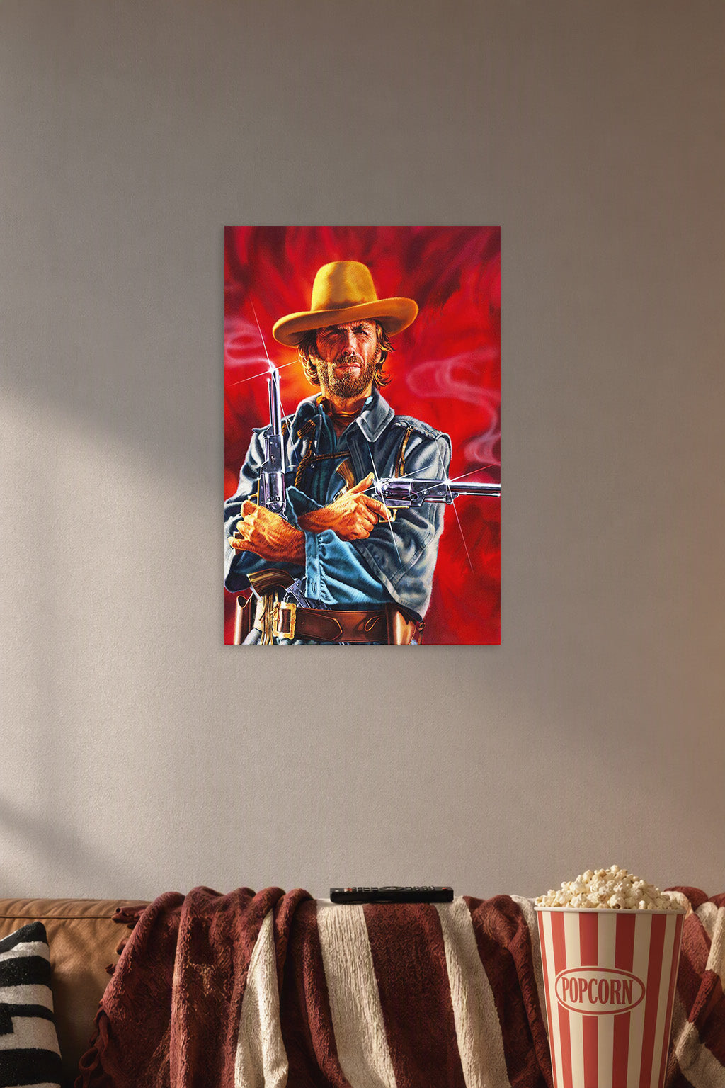 Western Gunslinger in a cozy movie room above a brown sofa with popcorn.