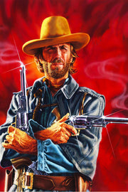 Western gunslinger wall art print portrays a bearded man in a yellow hat and blue jacket holding two revolvers against red.