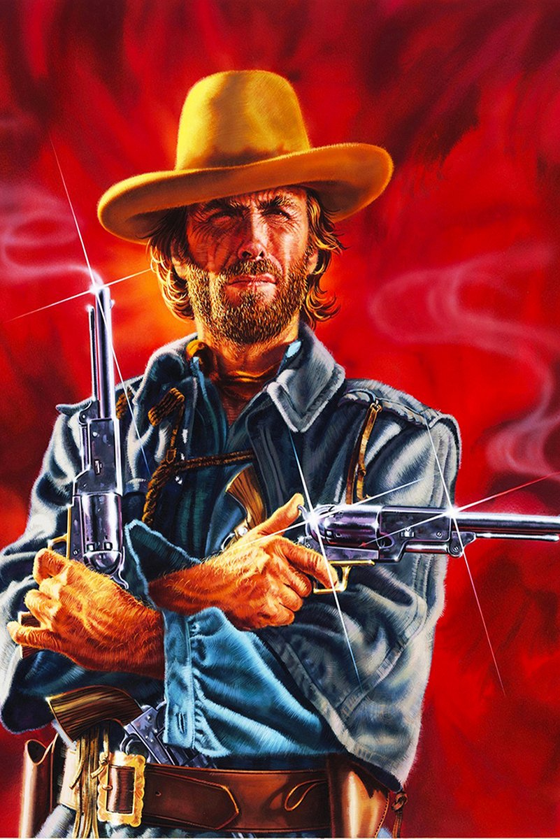Western gunslinger wall art print portrays a bearded man in a yellow hat and blue jacket holding two revolvers against red.