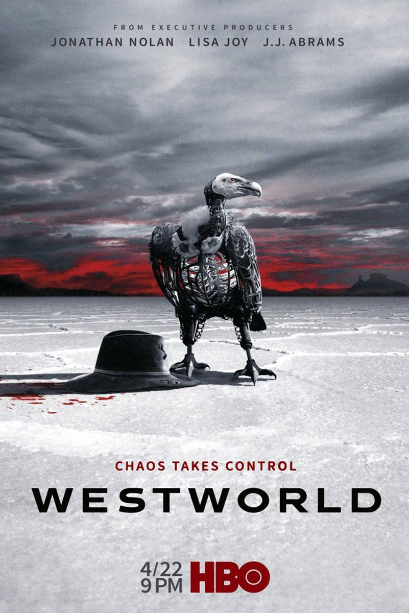 Westworld wall art print depicts an exposed-metal vulture, blood-spattered cowboy hat, and red horizon under gray clouds.