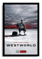 Framed Westworld poster presents a robotic vulture and black cowboy hat against a stark landscape with crimson sunset clouds.
