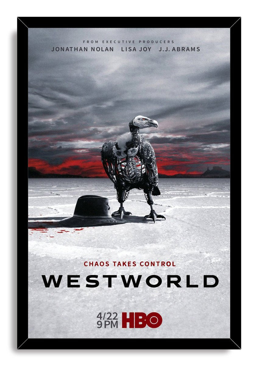 Framed Westworld poster presents a robotic vulture and black cowboy hat against a stark landscape with crimson sunset clouds.