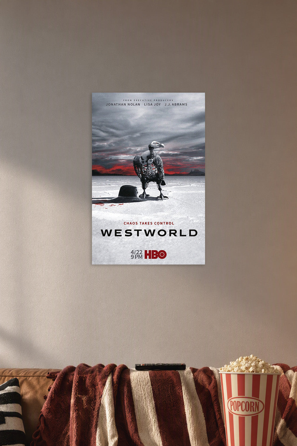 Westworld TV Series in a cozy movie room above a brown sofa with popcorn.