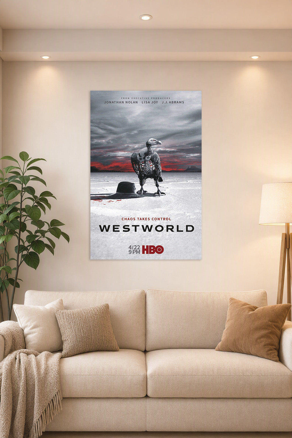 Westworld TV Series in a bright living room above a beige sofa.