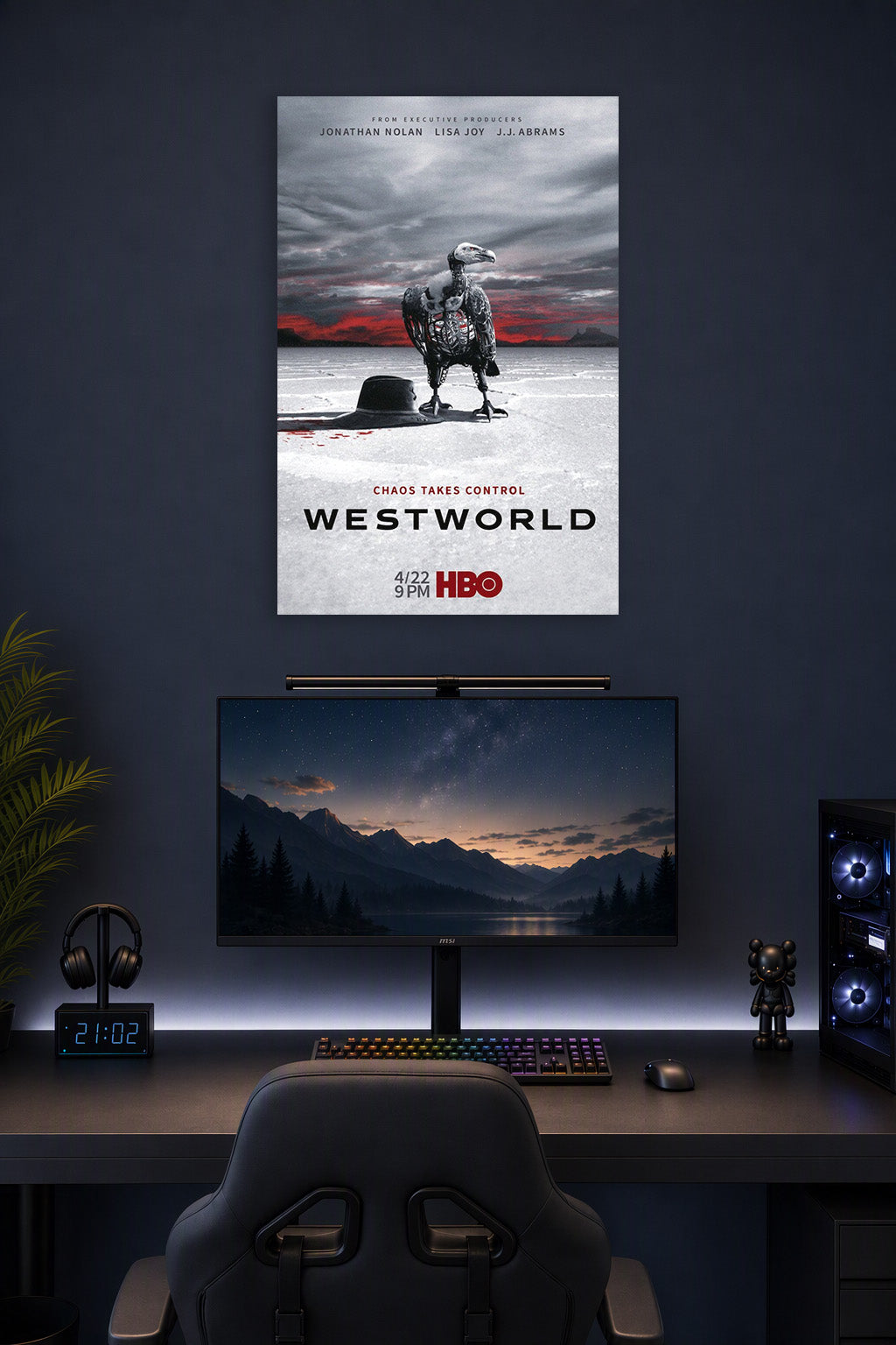 Westworld TV Series in a gaming desk setup above a monitor.