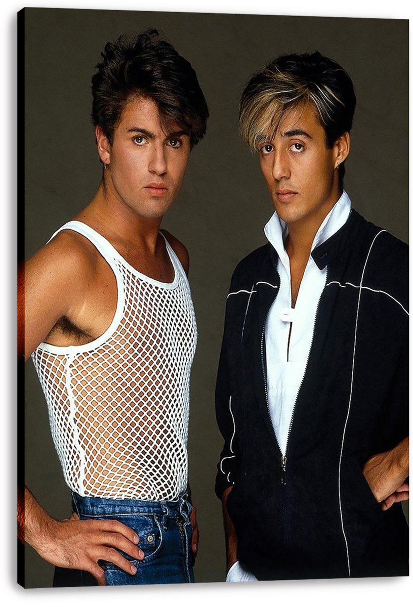 Wham! canvas wall art print displays George Michael in a white mesh tank and Andrew Ridgeley in a dark jacket.
