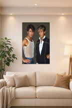 Wham! George Michael and Andrew Ridgeley in a bright living room above a beige sofa.