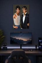 Wham! George Michael and Andrew Ridgeley in a gaming desk setup above a monitor.