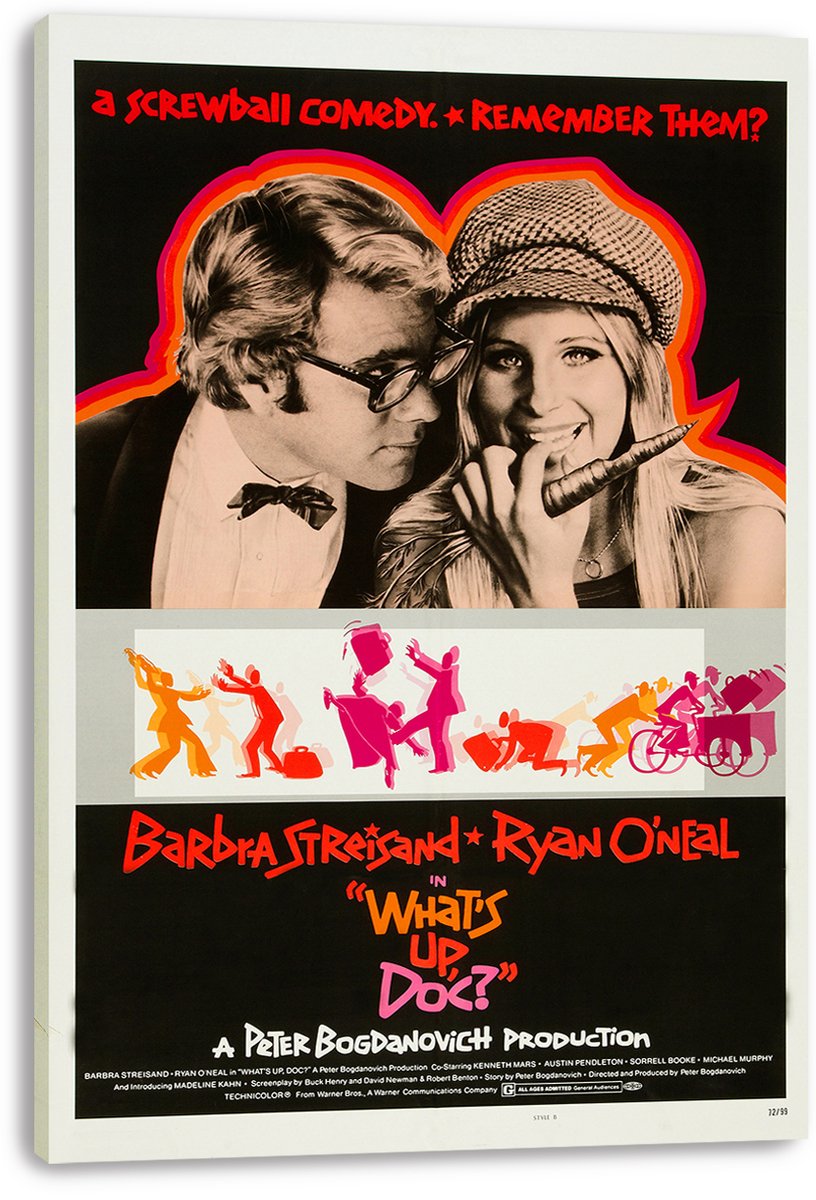 What's Up, Doc? canvas wall art print featuring Streisand and O'Neal, vivid orange and pink accents, and comic action figures.