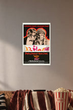 What's Up Doc? Barbra Streisand Ryan O'Neal Movie Poster in a cozy movie room above a brown sofa with popcorn.