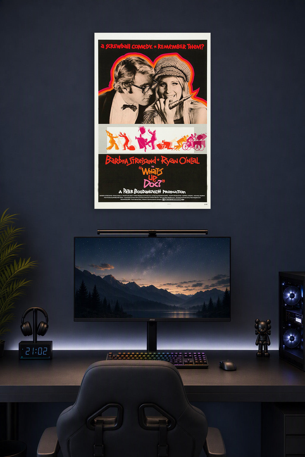 What's Up Doc? Barbra Streisand Ryan O'Neal Movie Poster in a gaming desk setup above a monitor.