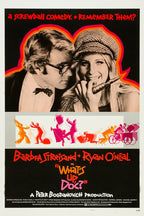 What's Up, Doc? movie poster print with Barbra Streisand and Ryan O'Neal portraits above colorful comic silhouettes.