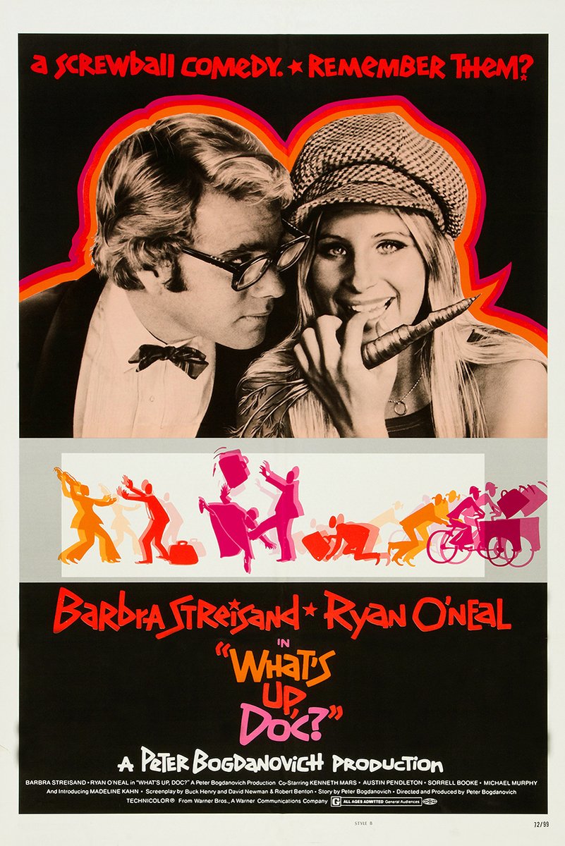 What's Up, Doc? movie poster print with Barbra Streisand and Ryan O'Neal portraits above colorful comic silhouettes.