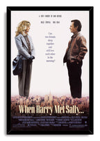 When Harry Met Sally framed wall art print presents the two leads standing over a sepia New York City skyline in a black frame.