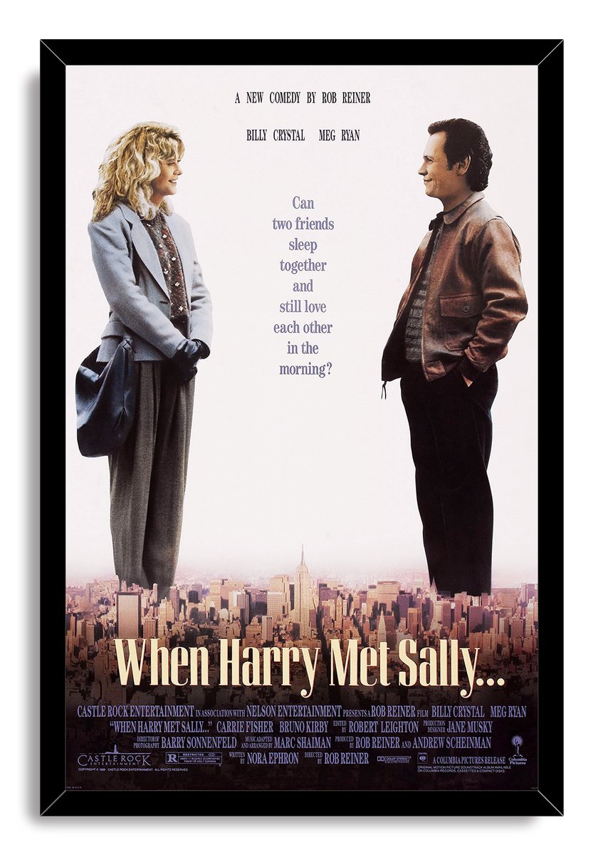 When Harry Met Sally framed wall art print presents the two leads standing over a sepia New York City skyline in a black frame.