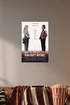 When Harry Met Sally in a cozy movie room above a brown sofa with popcorn.
