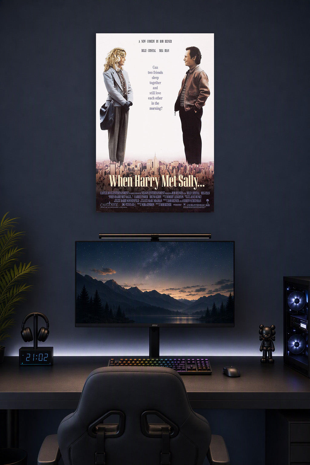 When Harry Met Sally in a gaming desk setup above a monitor.