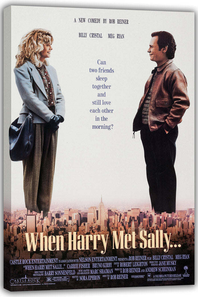 When Harry Met Sally wall art print on canvas, featuring Meg Ryan and Billy Crystal over a pink and brown city skyline.