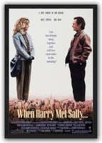 When Harry Met Sally framed poster with Meg Ryan in a blue blazer facing Billy Crystal beside the film's central tagline.