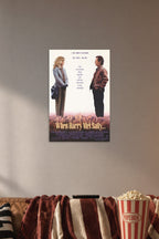 When Harry Met Sally Movies in a cozy movie room above a brown sofa with popcorn.