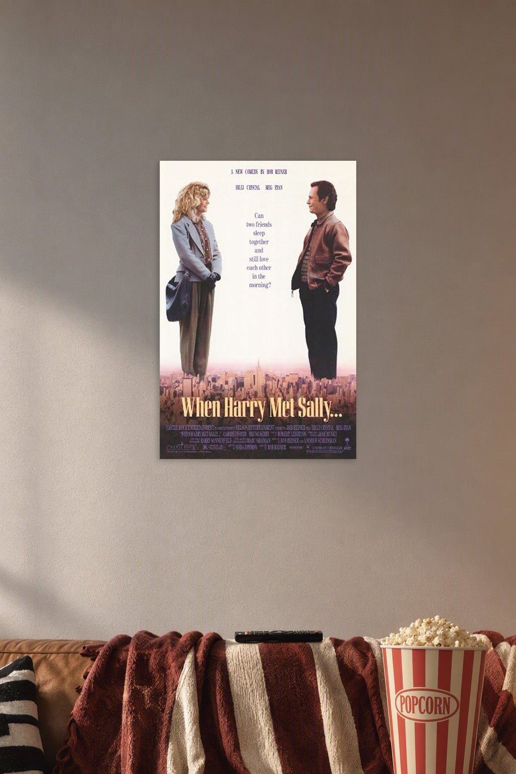 When Harry Met Sally Movies in a cozy movie room above a brown sofa with popcorn.