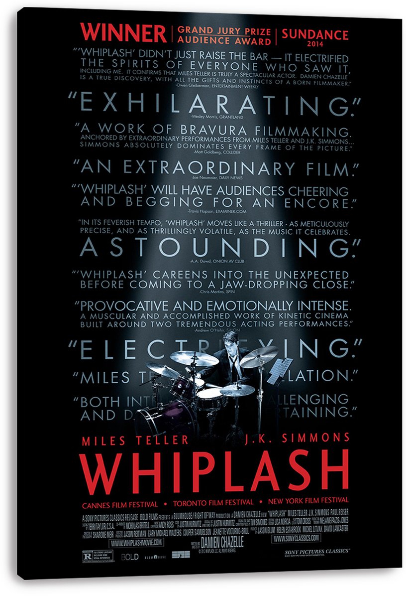 Whiplash canvas wall art print displays a drummer, pale blue review quotations, red credits, and bold red title on black.