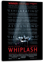Whiplash canvas wall art print displaying a jazz drummer, stacked blue critic quotes, red Sundance text, and red title lettering.