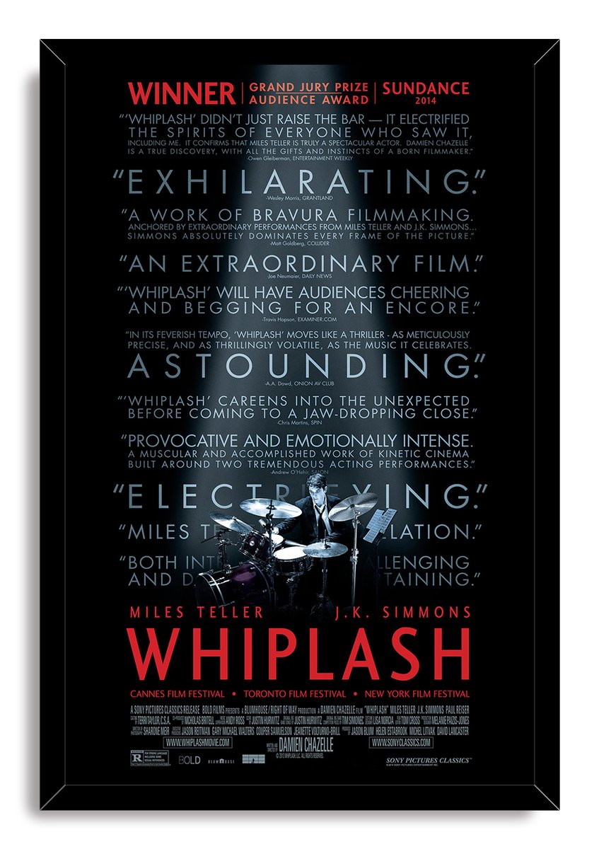 Whiplash framed wall art print with a black beveled frame, a drummer at his kit, blue reviews, and red title text.