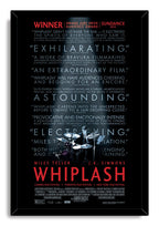 Whiplash framed wall art print with a black beveled frame, a drummer at his kit, blue reviews, and red title text.
