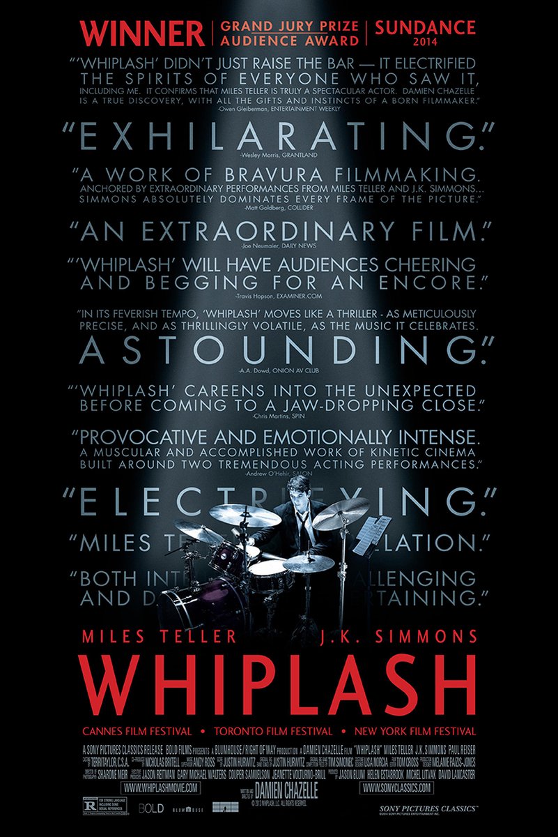 Whiplash poster features a drummer at his kit amid blue review quotes, red title lettering, and Sundance award text.