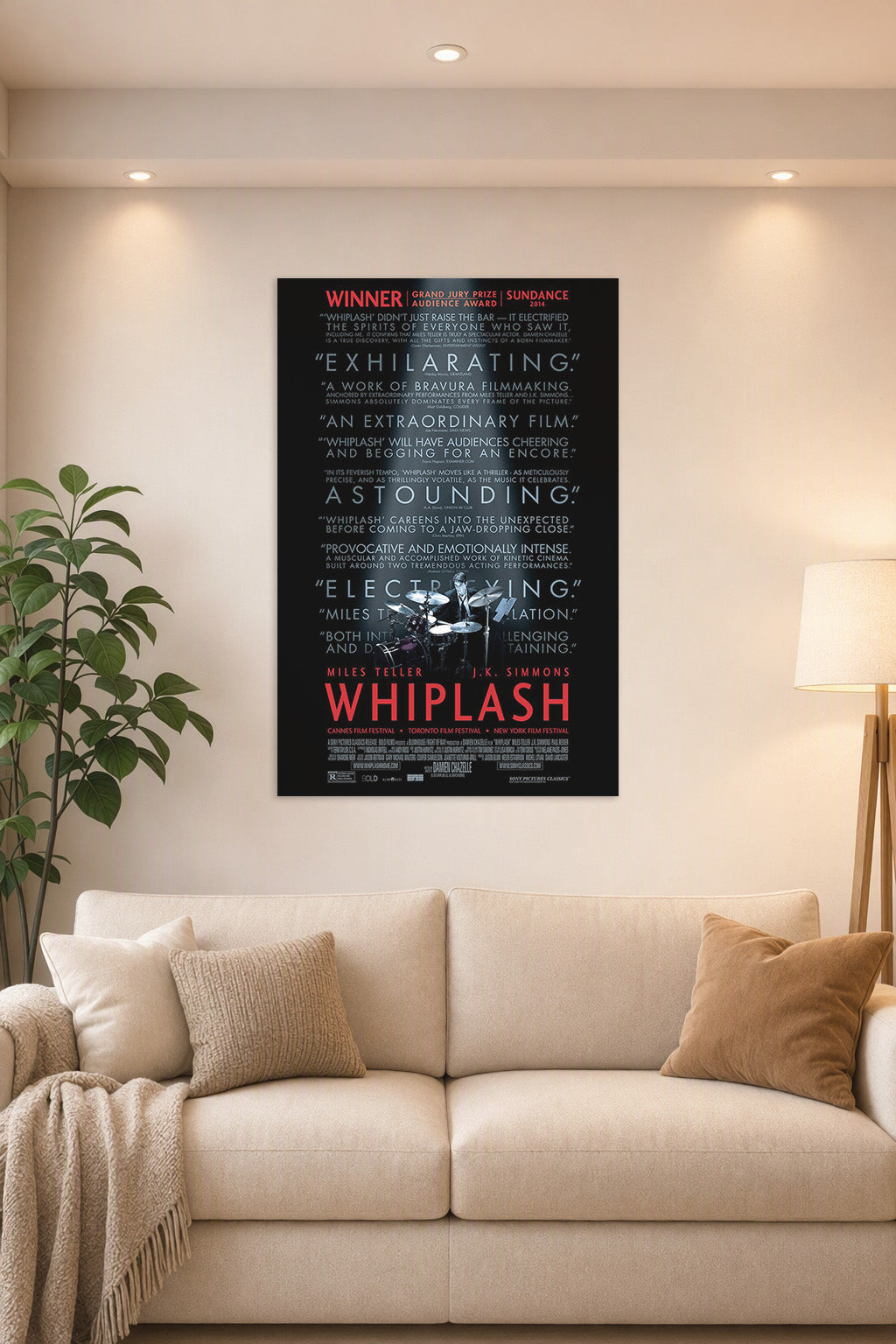 Whiplash Movie in a bright living room above a beige sofa.