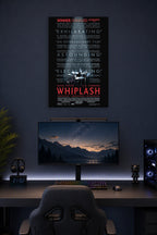 Whiplash Movie in a gaming desk setup above a monitor.