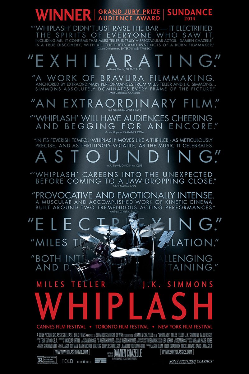 Whiplash movie poster with a drummer at a kit beneath blue review quotes, red festival awards, and a bold red title.