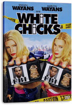 White Chicks canvas wall art print featuring two blonde women with FBI wallets, a patrol car, skyline, and caution tape.