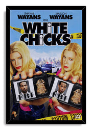 White Chicks framed wall art print with two blonde women holding FBI badges before a police car and yellow caution tape.