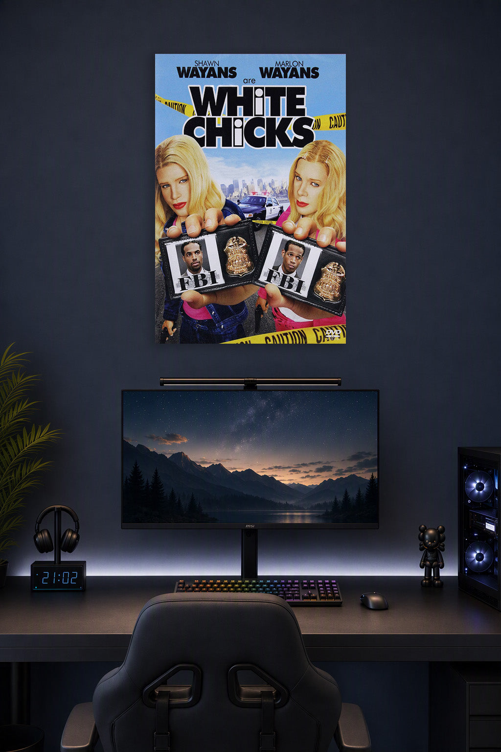 White Chicks Movie Poster in a gaming desk setup above a monitor.