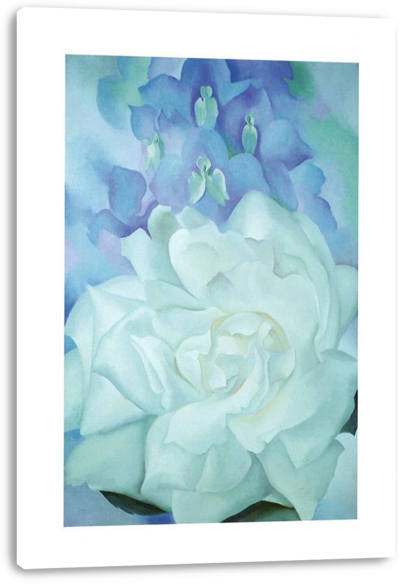 Floral canvas wall art print featuring a pale white rose and blue-violet blossoms, presented with visible wrapped edges.
