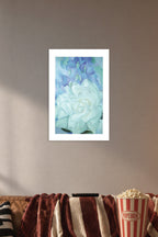 White Floral Art in a cozy movie room above a brown sofa with popcorn.